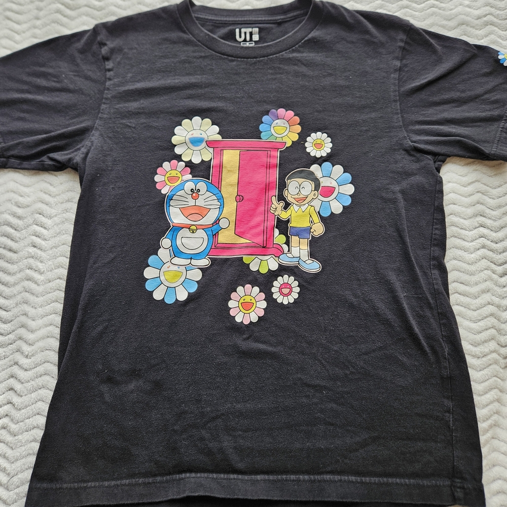 Uniqlo Black Tee with Vibrant Cartoon and Floral Design